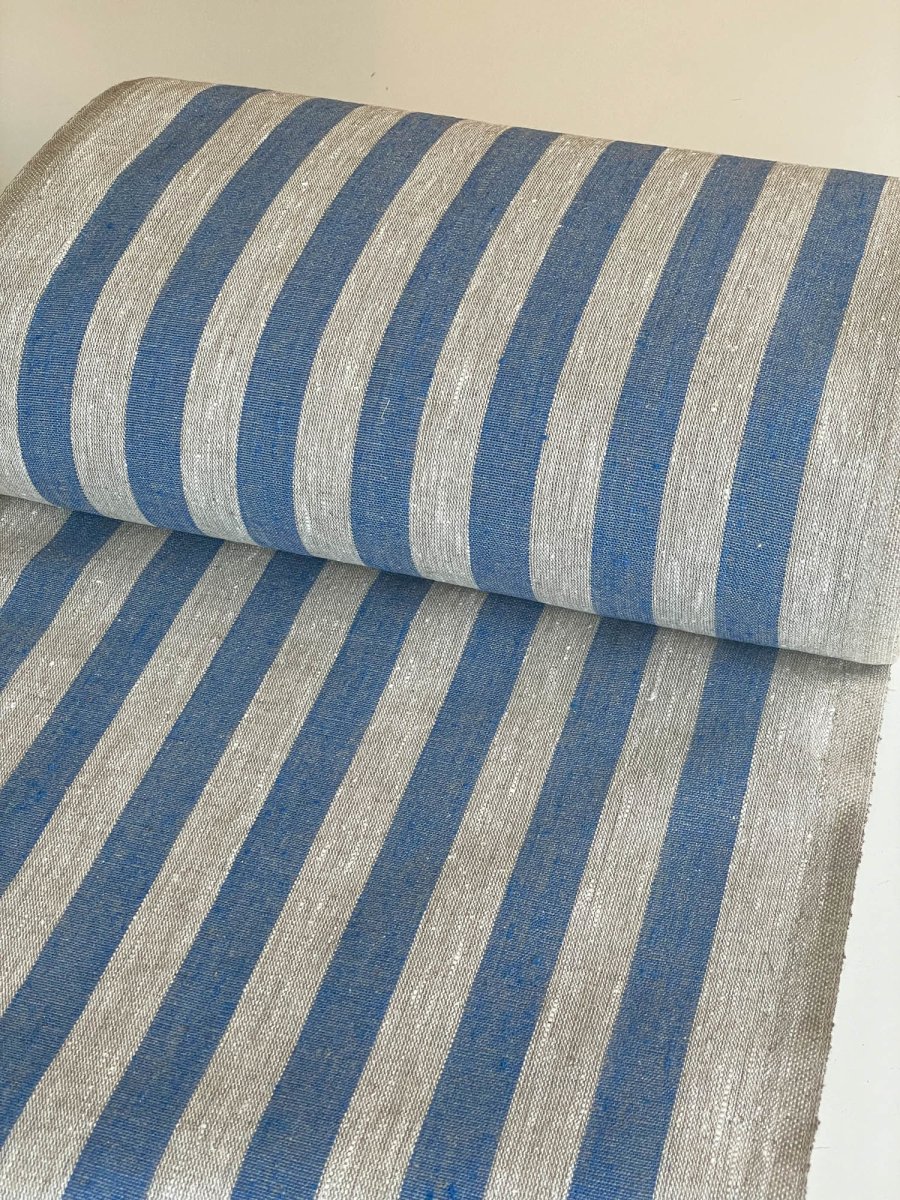 Natural narrow linen fabric with blue wide stripes - earthytextiles
