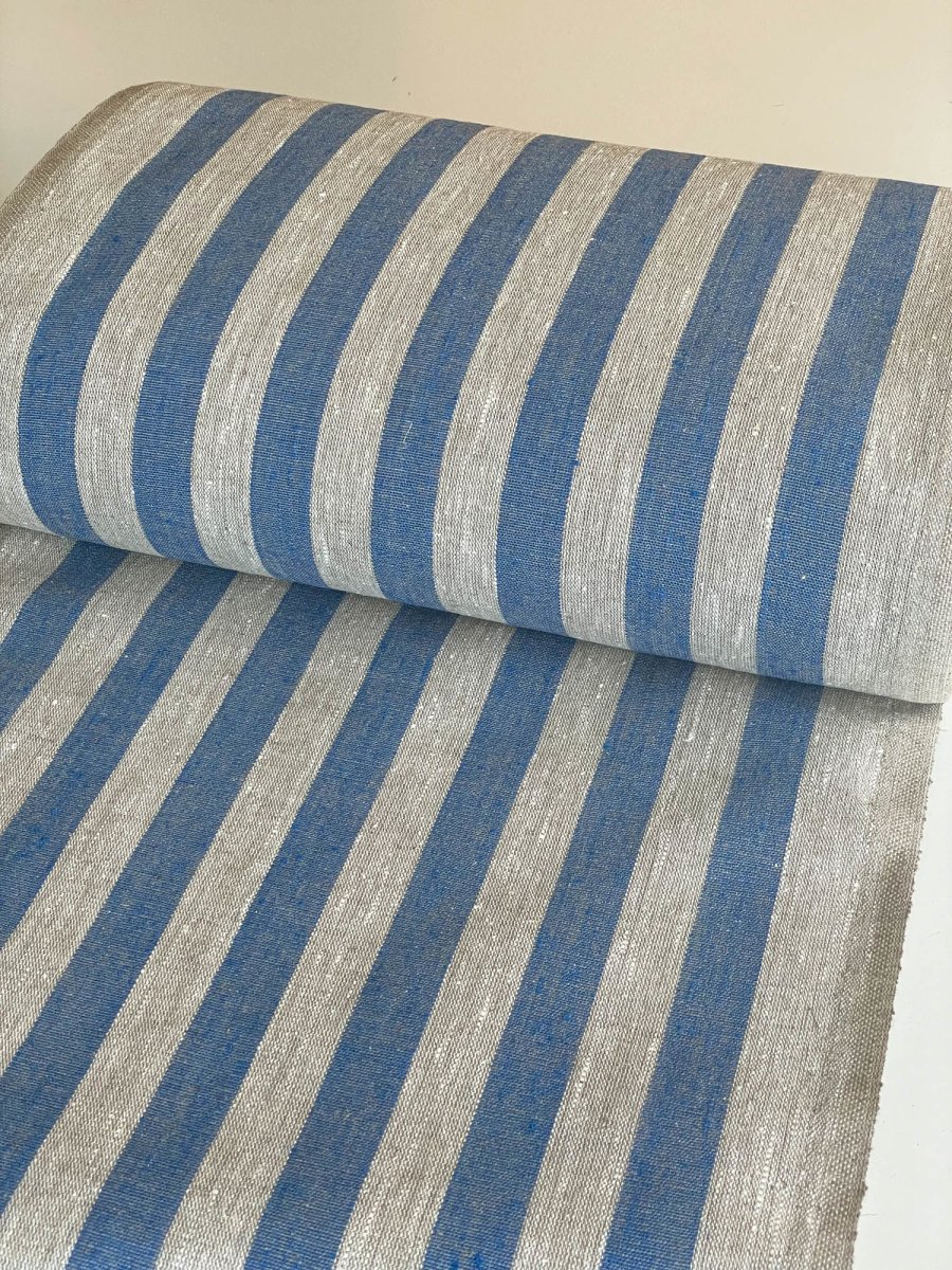 Natural narrow linen fabric with blue wide stripes earthytextiles
