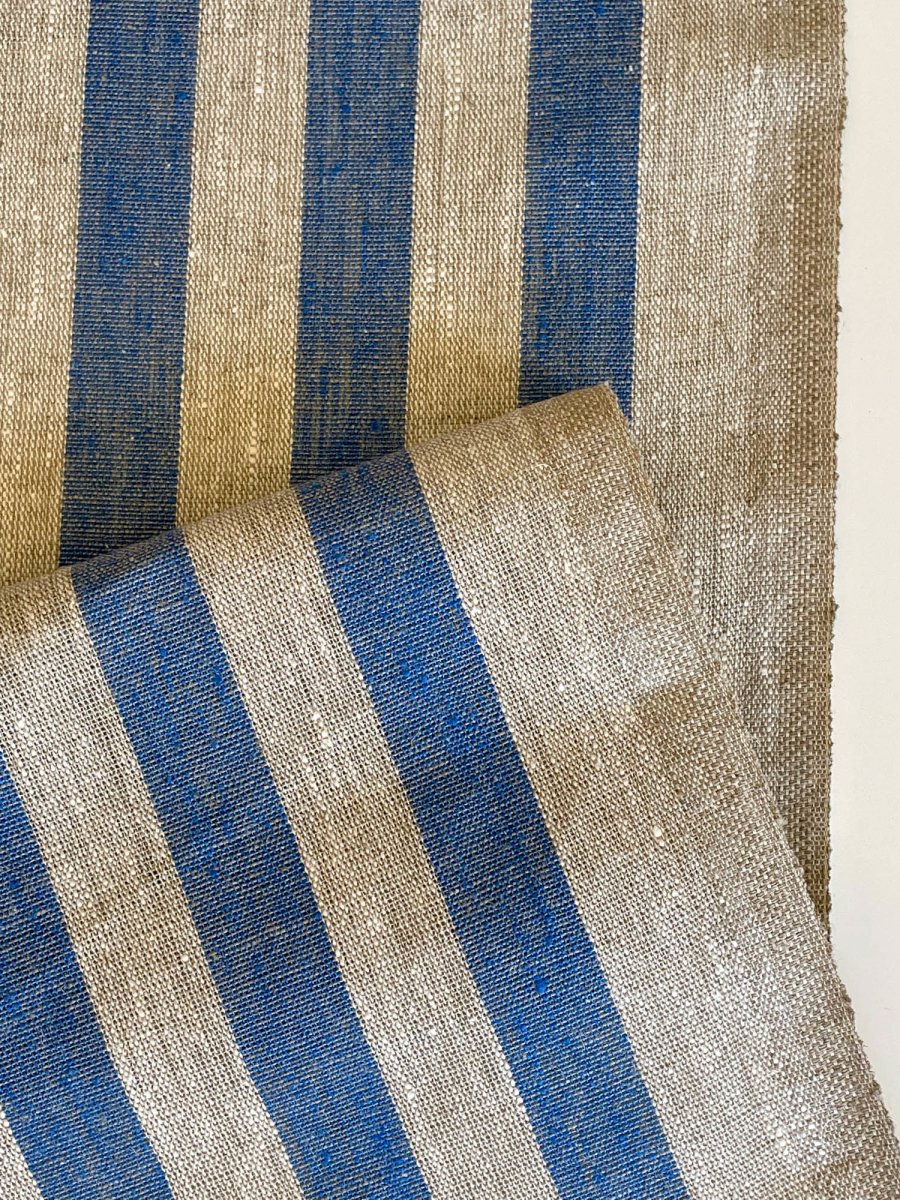 Natural narrow linen fabric with blue wide stripes - earthytextiles