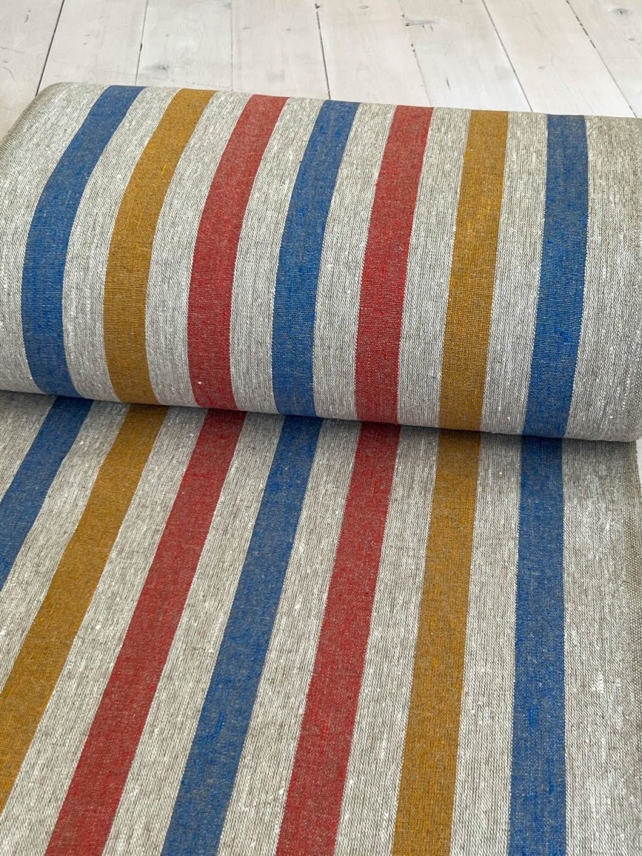 Natural narrow linen fabric with blue/yellow/red wide stripes - earthytextiles