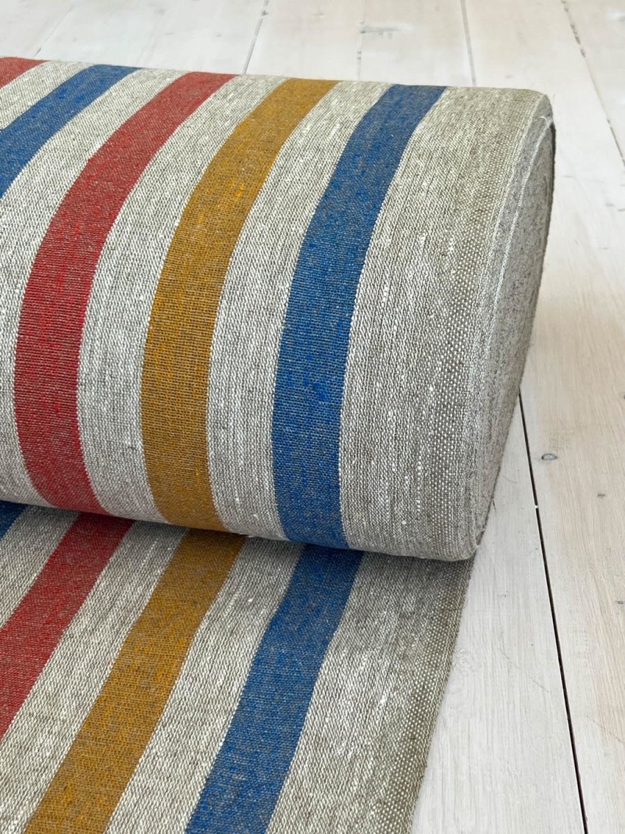 Natural narrow linen fabric with blue/yellow/red wide stripes - earthytextiles