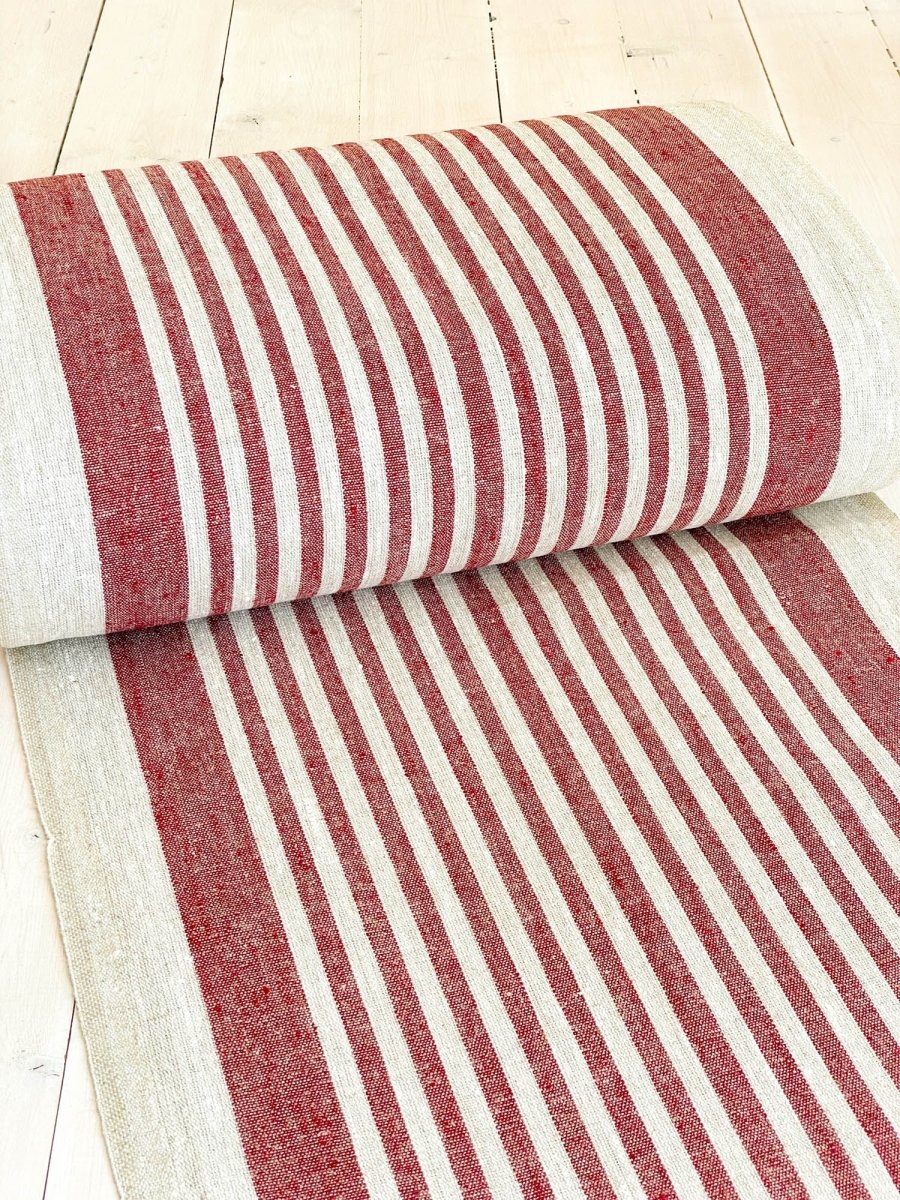 Natural narrow linen fabric with cherry red stripes - earthytextiles