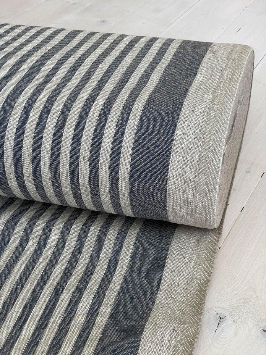 Natural narrow linen fabric with dark blue stripes - earthytextiles