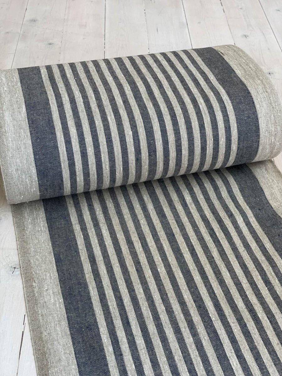 Natural narrow linen fabric with dark blue stripes - earthytextiles