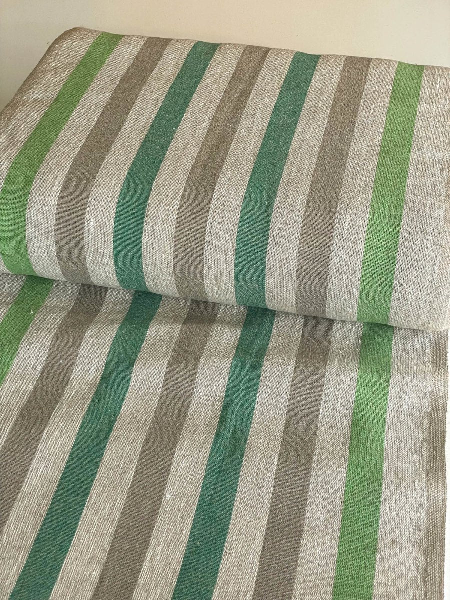 Natural narrow linen fabric with green/natural wide stripes - earthytextiles