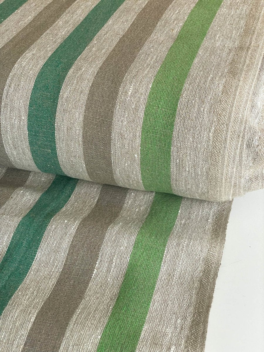Natural narrow linen fabric with green/natural wide stripes - earthytextiles