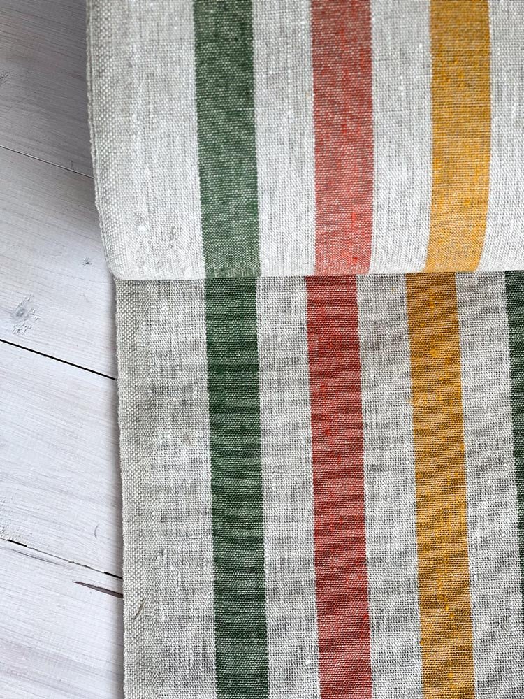 Natural narrow linen fabric with green/yellow/red wide stripes - earthytextiles