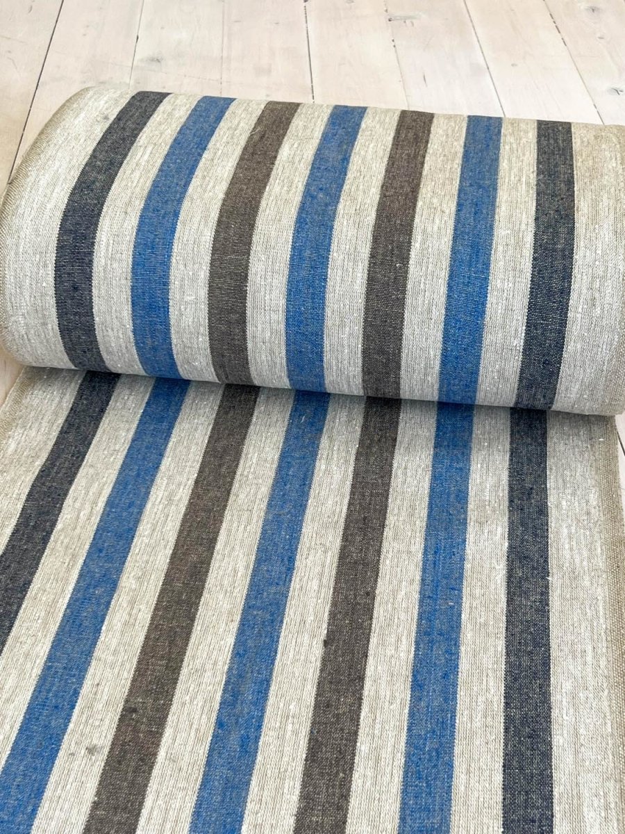 Natural narrow linen fabric with grey/blue/dark blue wide stripes - earthytextiles