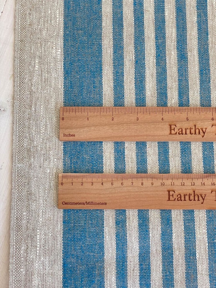 Natural narrow linen fabric with light blue stripes - earthytextiles