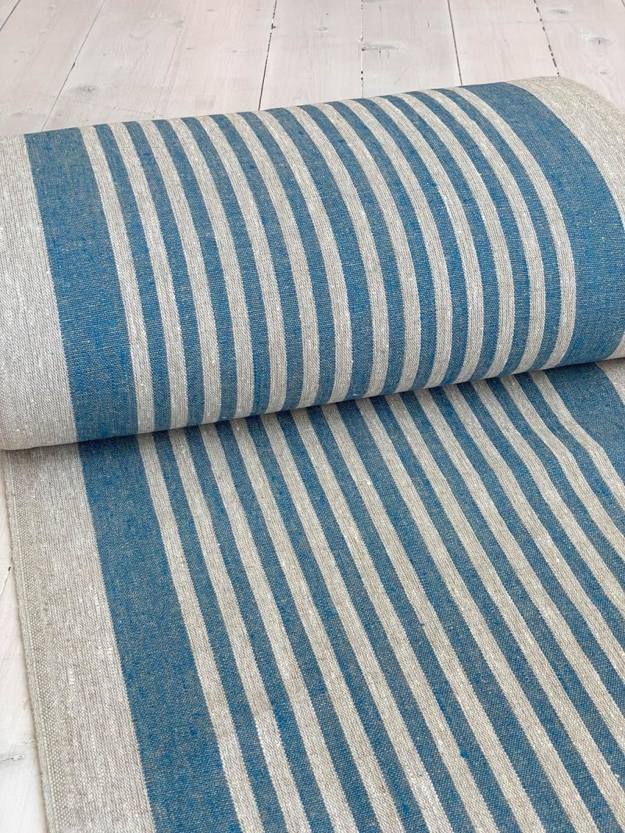 Natural narrow linen fabric with light blue stripes - earthytextiles