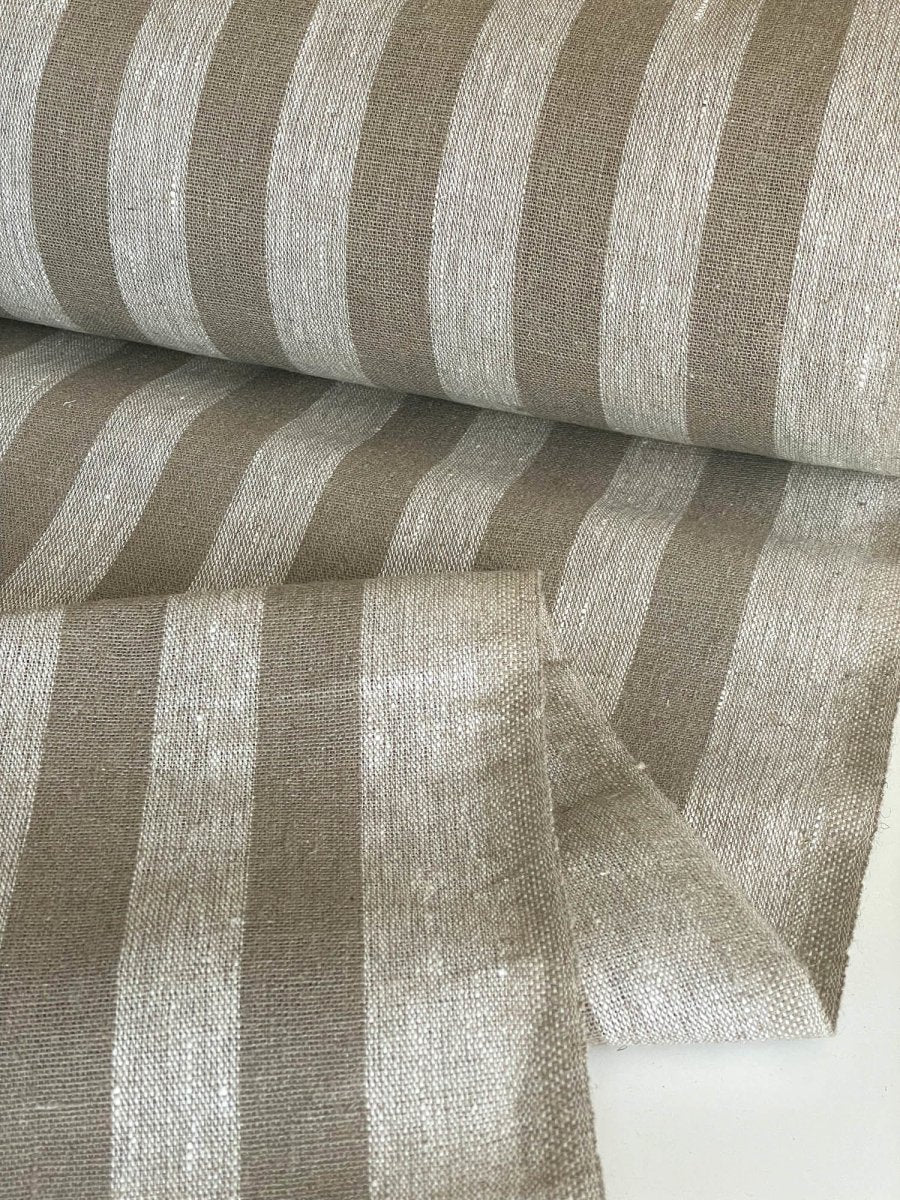 Natural narrow linen fabric with natural wide stripes - earthytextiles