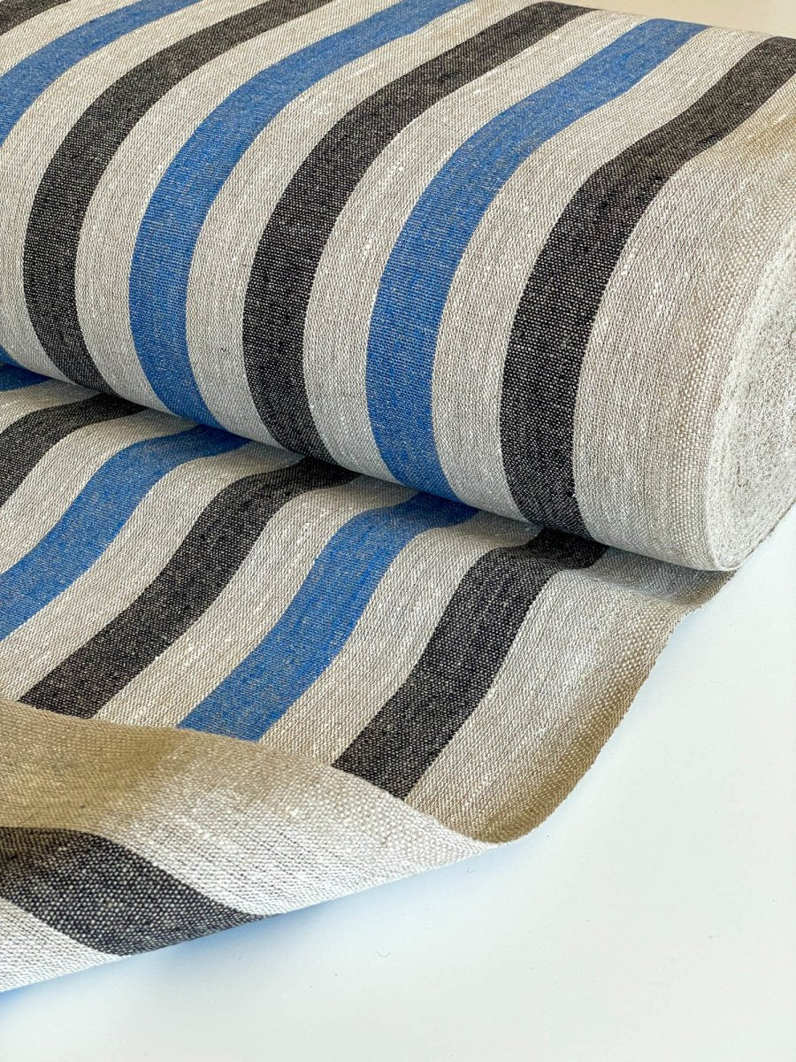 Natural narrow linen fabric with natural/black/blue wide stripes - earthytextiles