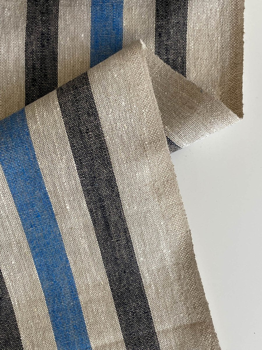 Natural narrow linen fabric with natural/black/blue wide stripes - earthytextiles