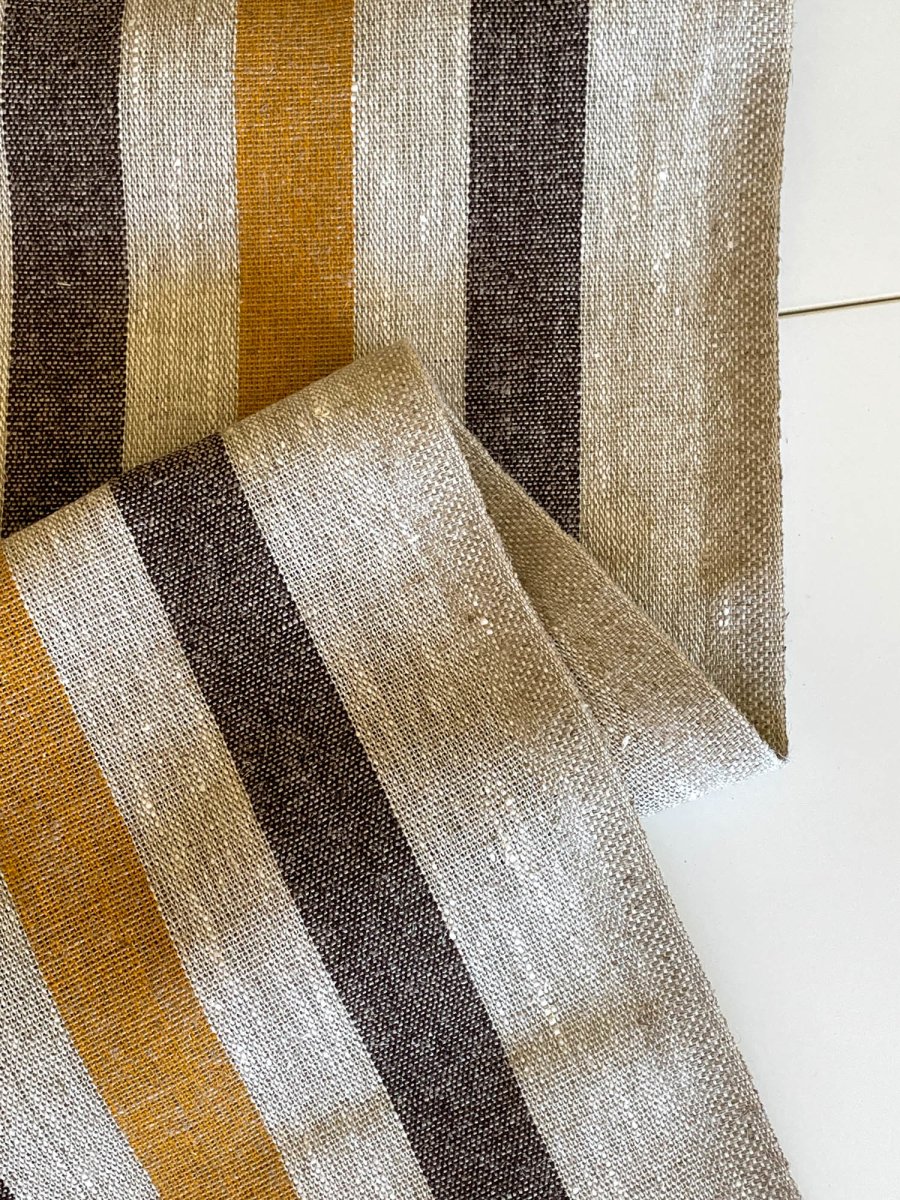 Natural narrow linen fabric with natural/black/yellow wide stripes - earthytextiles