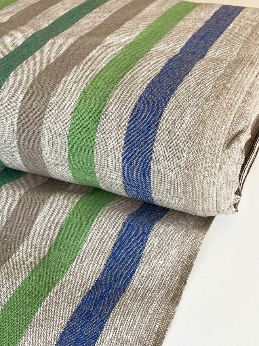 Natural narrow linen fabric with natural/blue/green wide stripes - earthytextiles
