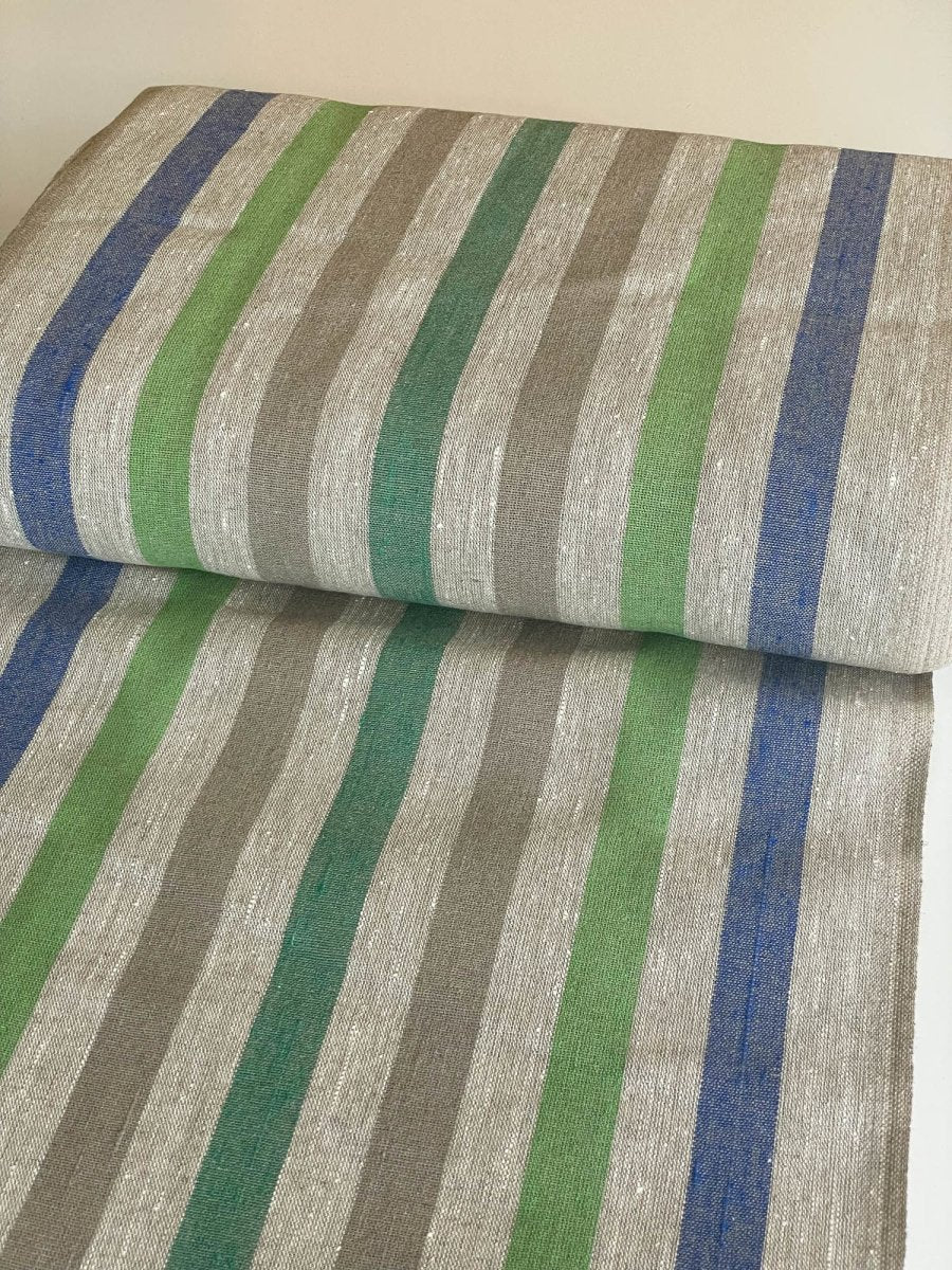 Natural narrow linen fabric with natural/blue/green wide stripes - earthytextiles
