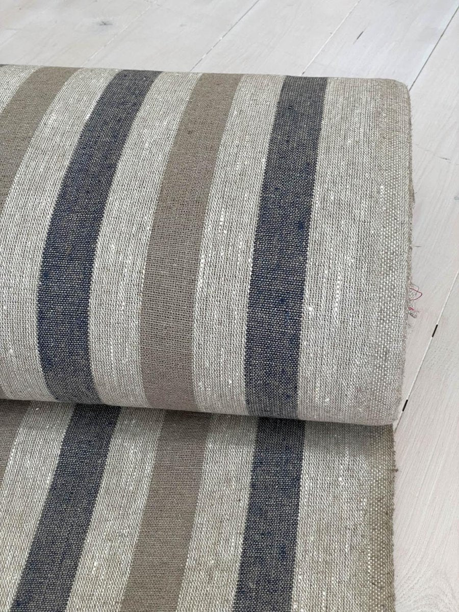 Natural narrow linen fabric with natural/dark blue wide stripes - earthytextiles