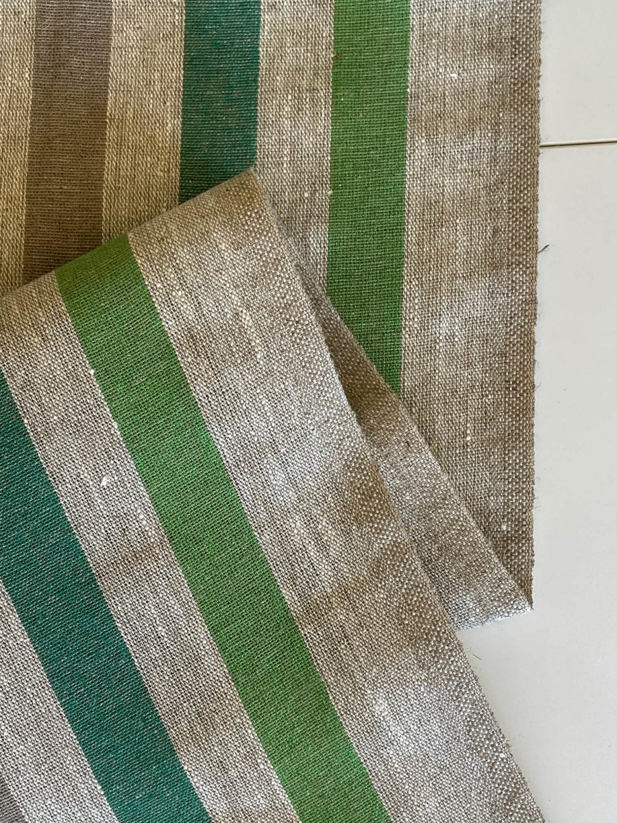 Natural narrow linen fabric with natural/green wide stripes - earthytextiles