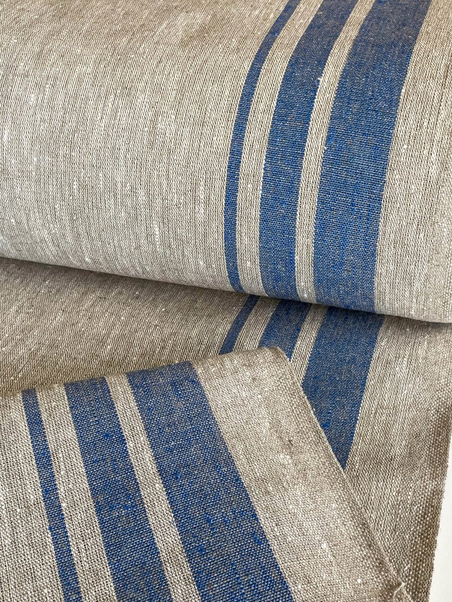 Natural narrow linen fabric with two blue side stripes - earthytextiles