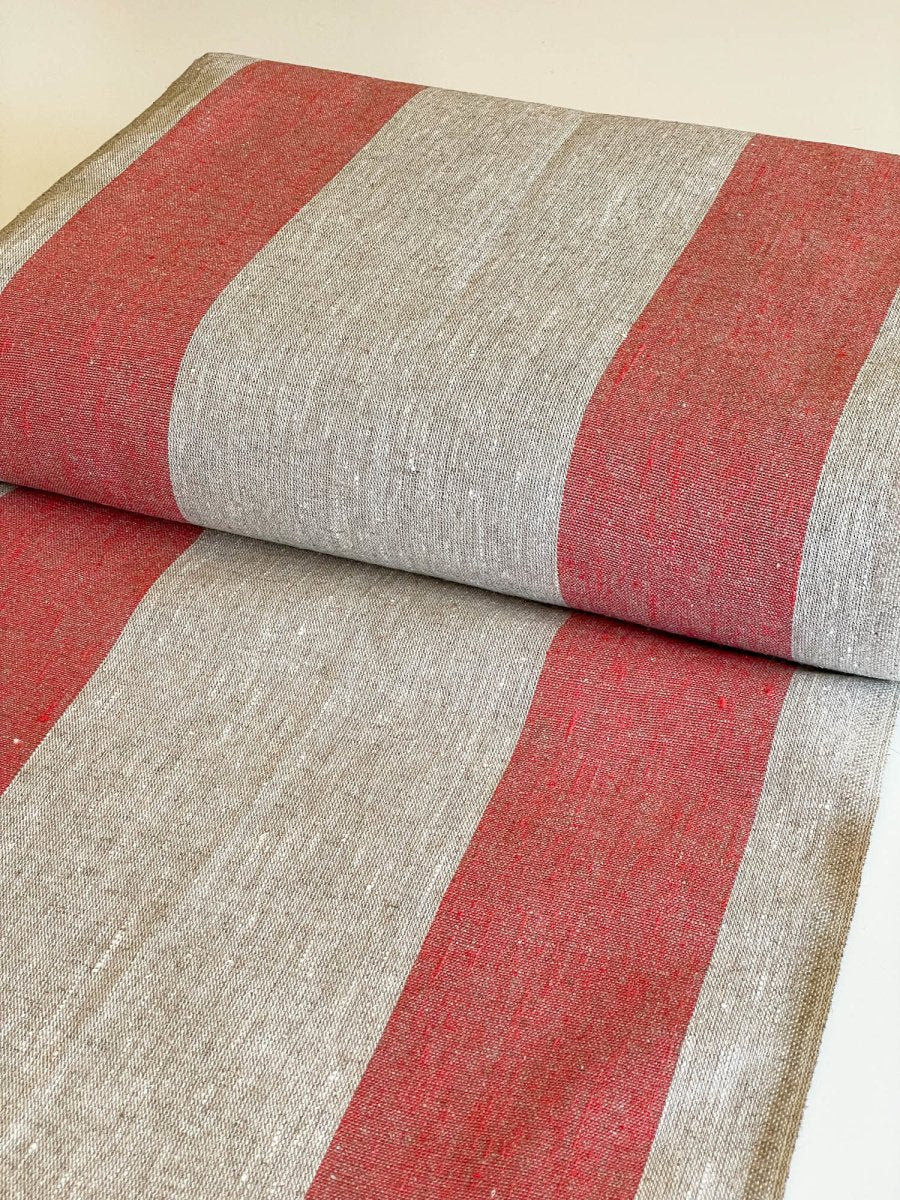 Natural narrow linen fabric with two red side stripes - earthytextiles