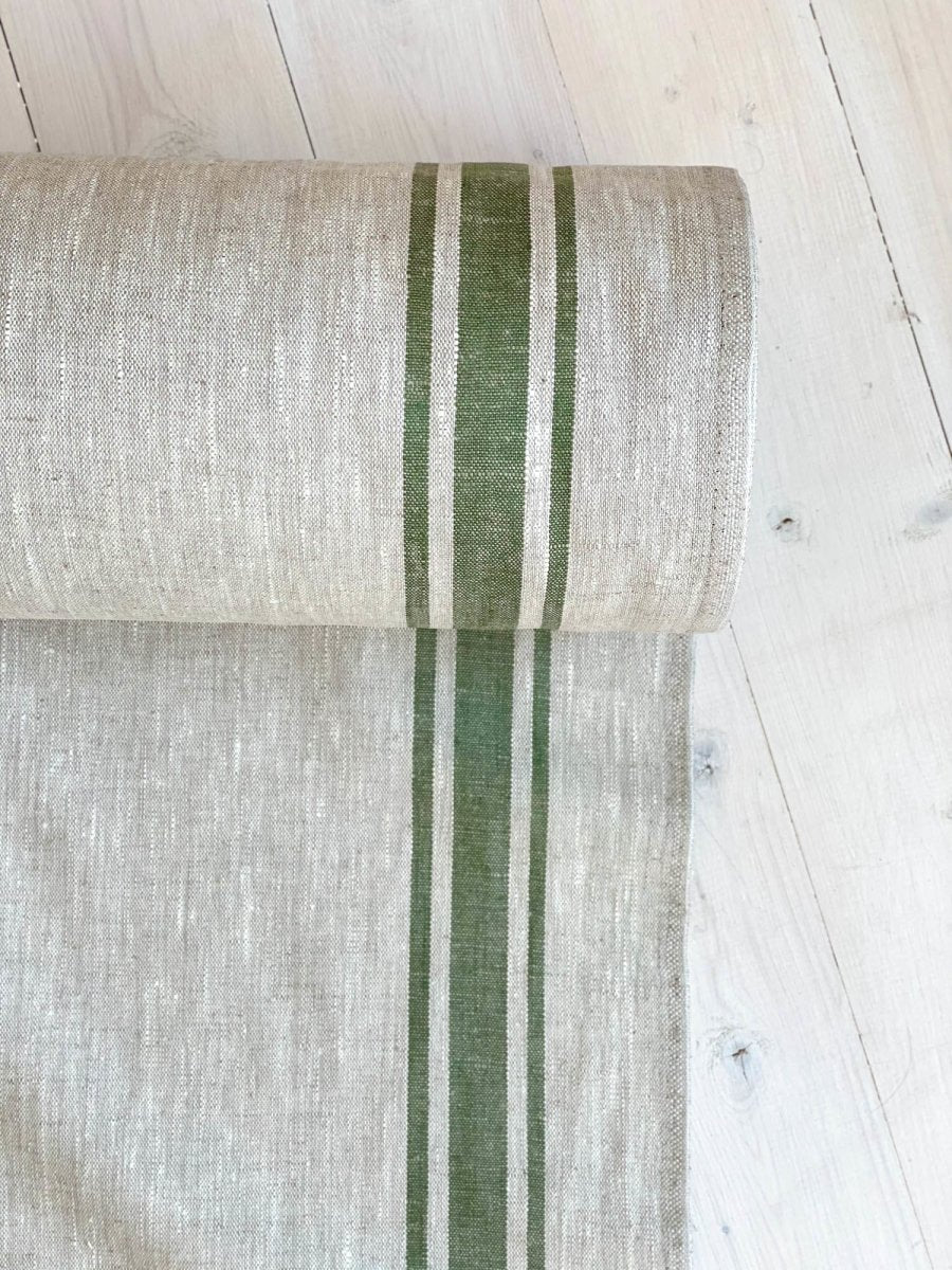 Linen fabric natural undyed with wide green stripes, Natural fabric by the  yard or meter, Striped washed flax sewing fabrics